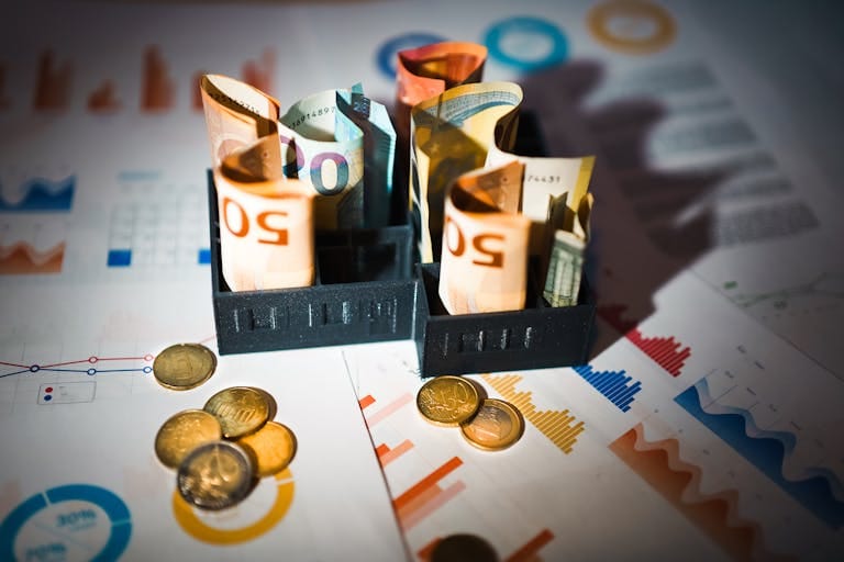 A close-up of euro banknotes and coins on top of financial charts symbolizing investment and economic analysis.