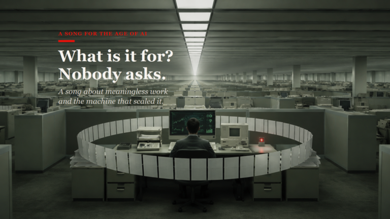 An office worker surrounded by endless cubicles and a circular loop of paperwork