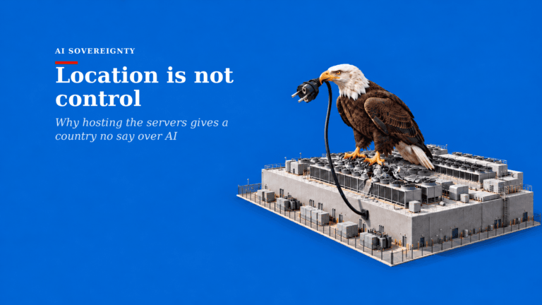 An American bald eagle perched on a large data centre, crushing its rooftop cooling units with its talons and holding the building's pulled European power plug in its beak, on a flat blue background.