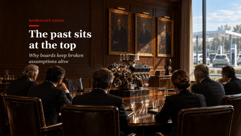 Executives in a wood-panelled boardroom look at a polished V8 engine displayed on the table, beneath portraits of their predecessors, while electric cars queue at a charging station outside the window.